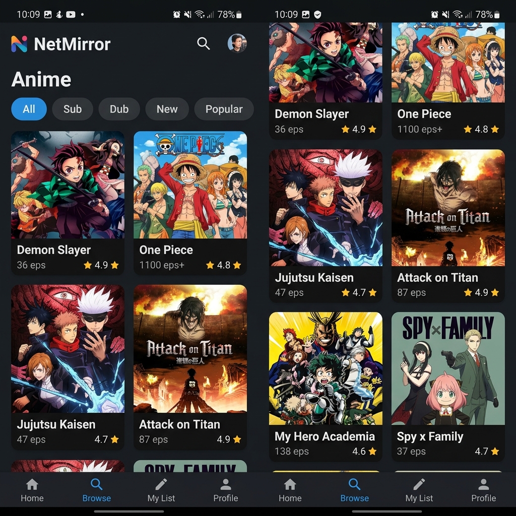 NetMirror Anime Section showing popular anime titles like Demon Slayer and One Piece