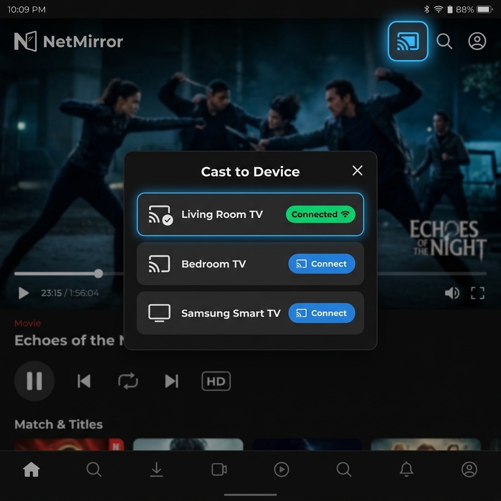NetMirror Chromecast casting interface showing connected TV devices