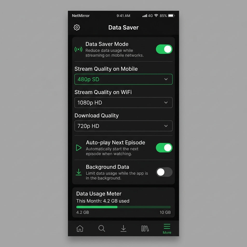 NetMirror Data Saver Settings showing quality controls and data usage meter