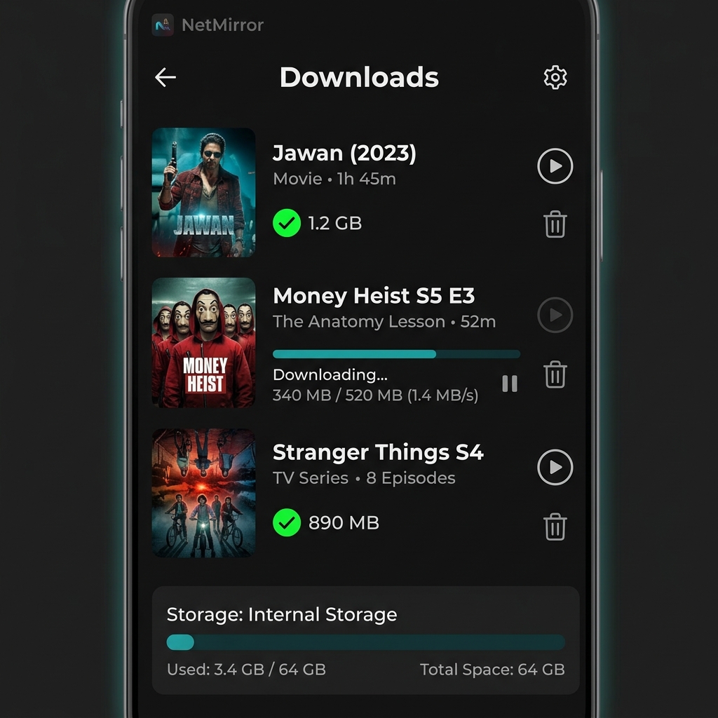 NetMirror Download Manager showing downloaded movies and progress