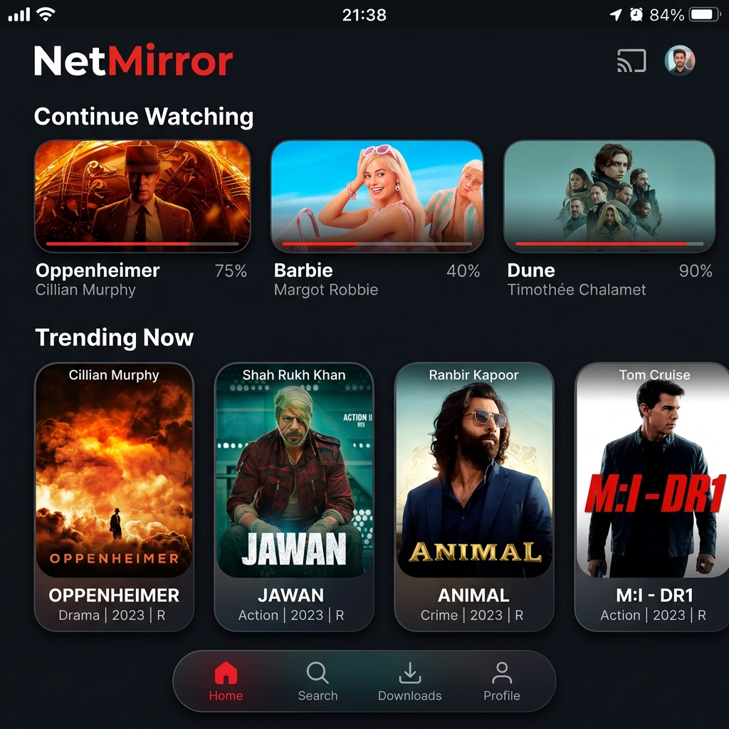 NetMirror Home Screen with trending movies and shows