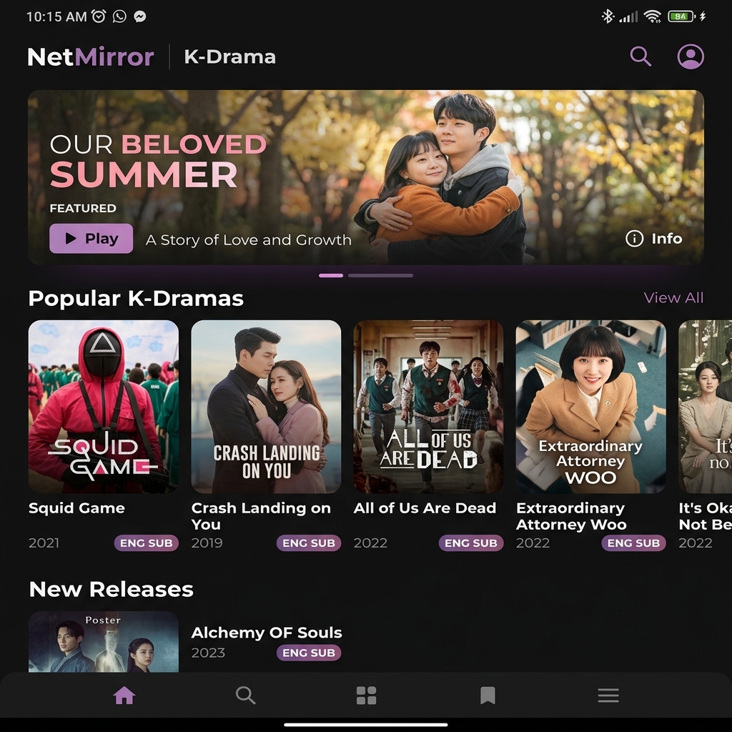 NetMirror K-Drama Section showing popular Korean dramas like Squid Game