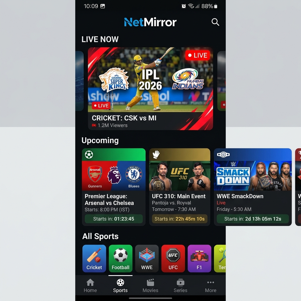 NetMirror Live Sports section showing IPL cricket, football, and UFC events