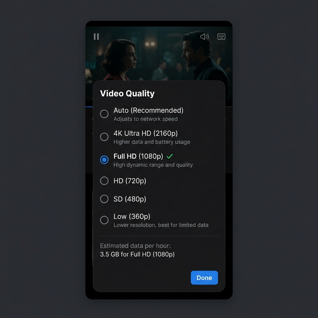 NetMirror Video Quality Selector showing 480p to 4K options