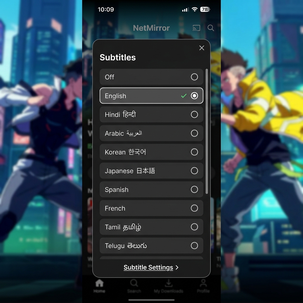 NetMirror Subtitle Language Selector showing 35+ language options