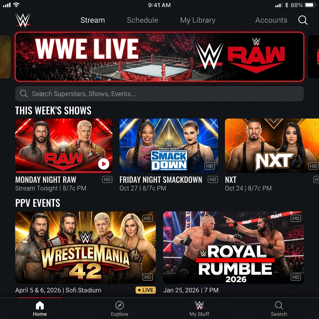 NetMirror WWE Section showing RAW, SmackDown, and PPV events